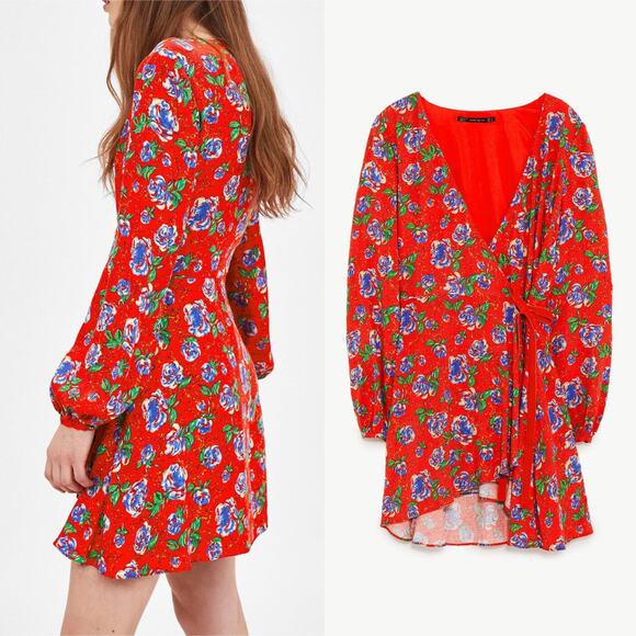 Zara | Red Floral Print Long Sleeve V-neck Crossover Mini Romper Dress - Picture 2 of 13